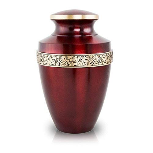 Floral Band Brass Memorial Urn for Adults - Large - Holds Up to 200 Cubic Inches of Ashes - Crimson Red Cremation Urns for Human Ashes - Custom Engraving Included