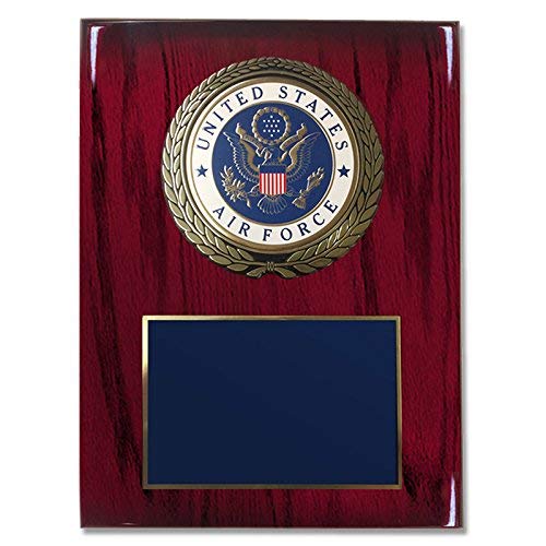 Customizable 9 x 12 Inch Cherry Piano Finish Plaque with U.S. Air Force Medallion, includes Personalization