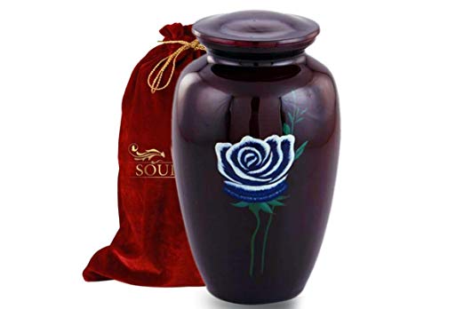 Funeral Urn by SoulUrns - Hand Painted Cherry Red Flower Cremation Urn for Human Ashes Includes Plush Quality Velvet Bag - Display Burial Urn at Home