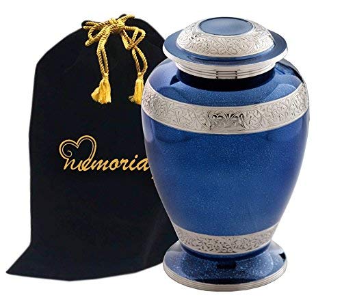 MEMORIALS 4U Palatinate Blue and Silver Brass Cremation Urn for Human Ashes by Memorials4u - Adult Funeral Urn Handcrafted with Engraved Bands - Affordable Urn for Ashes - Large Urn Deal