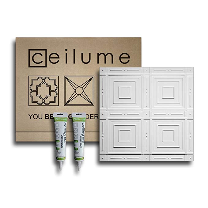 Ceilume 6 pc Nantucket 2x2 Glue Up Ceiling Tile and Backsplash Kit - Overlapping Edge - Direct Mount - Kit Includes Tiles and Adhesive to Cover 21 sq ft. (White)