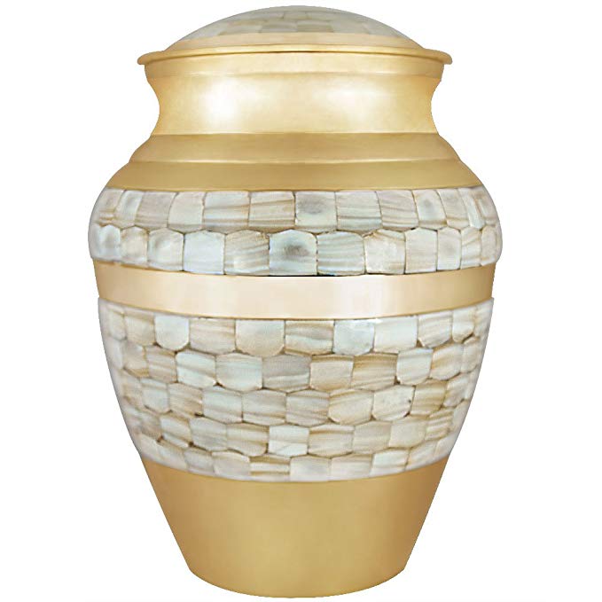 Funeral Urns for Ashes - Cremation Urn for Human Ashes Adult and Memorial Urn - Hand Made in Brass - Hand Engraved - Display Burial Urn At Home or in Niche at Columbarium (Mother of Pearl Urn, Large