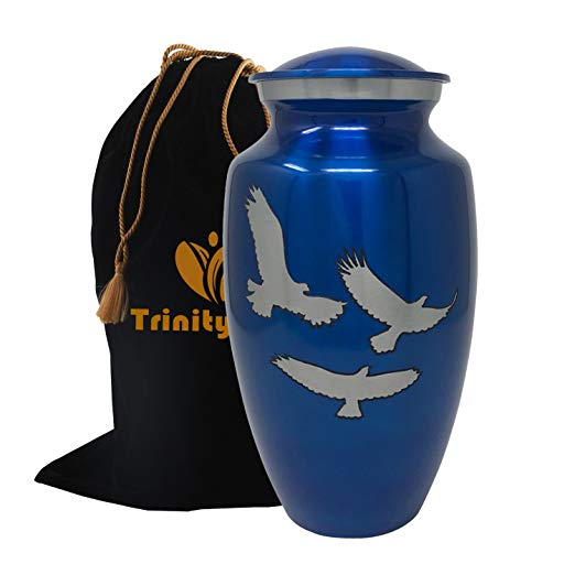 Loving Wings of Hope Cremation Urn - Wings of Freedom Urn - 100% Handcrafted Adult Funeral Urn - Large Wings of Love Solid Metal Urn - Affordable Urn for Human Ashes with Free Velvet Bag (Blue)