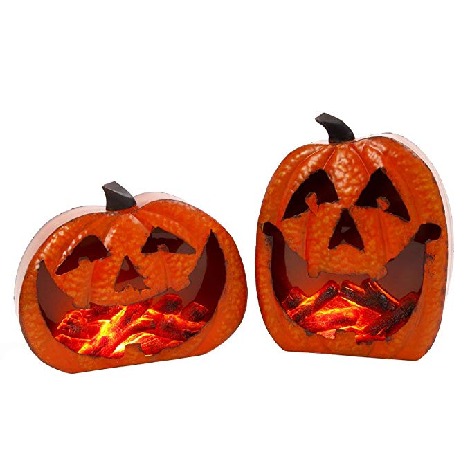 Lighted Metal Pumpkin with Moving Fire Effect 12 Inch Set of 2