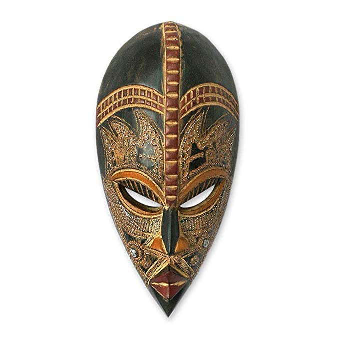 NOVICA Light Brown Handcrafted Nigerian Wood Wall Mask with Aluminum Accents, King's Companion'