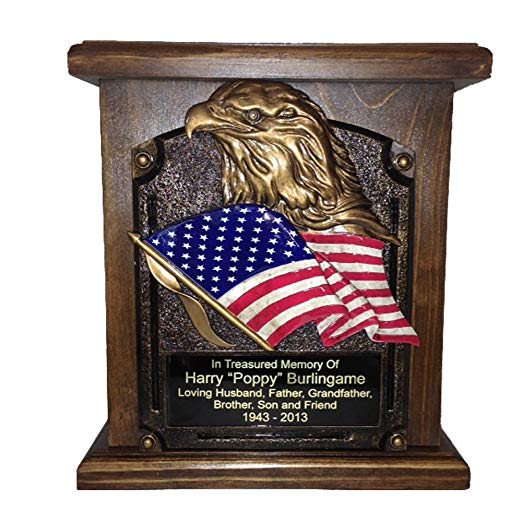 American Flag and Eagle Cremation Urn, Wood Funeral Urns w/Engraving