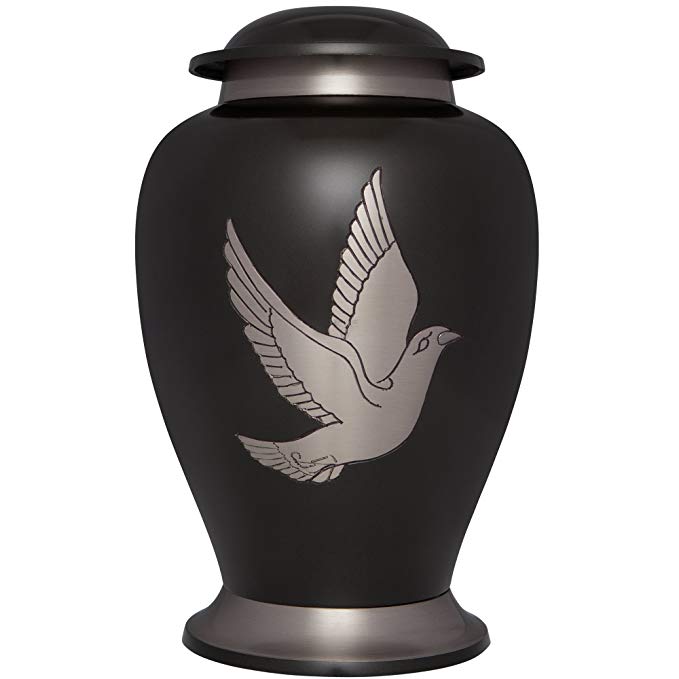 Liliane Memorials Black Funeral Cremation Urn with Silver Dove Bird; Trafalgar Model in Brass for Human Ashes; Suitable for Cemetery Burial; Fits Remains of Adults up to 200 lbs, Large