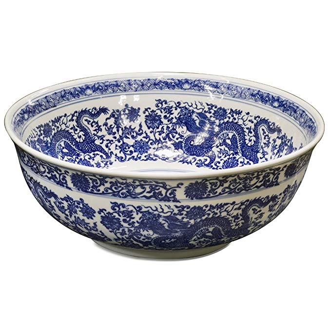 ChinaFurnitureOnline Porcelain Basin Bowl with Blue and White Chinoiserie Design