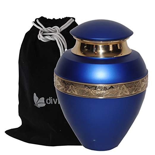 Ikon Blue Cremation Urn for Human ashes - Blue Adult Funeral Urn Handcrafted - Solid Brass Urn - Affordable Urn for Ashes - Large Urn Deal