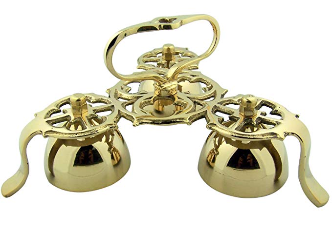 Religious Gifts Church Goods Gold Brass 9 Inch L Three Bell Standing Chapel Sanctuary Bells with Handle