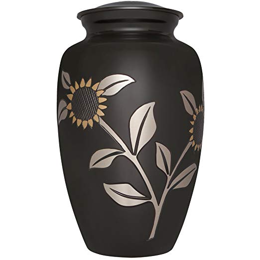 Sunflower Funeral Cremation Urn for Human Ashes by Liliane - Brass - Suitable for Cemetery Burial or Niche - Large for remains of Adults up to 200 lbs - Miraflores Black and Gold Rose