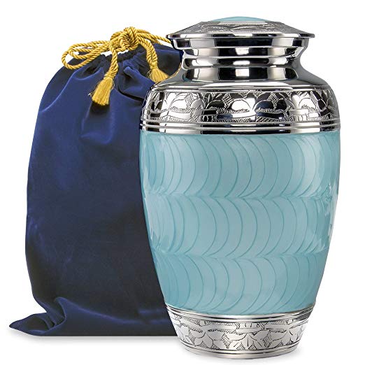 Hugs and Kisses Light Blue Adult Urn For Human Ashes - This Large Elegant Light Blue Enamel and Nickel Urn Is a Perfect Tribute to Honor Your Loved One- w Velvet Bag