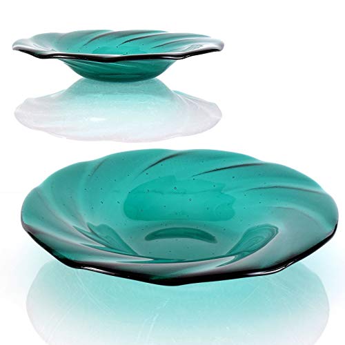 Teal Green Cathedral Fused Glass Art Fruit Bowl Centerpiece