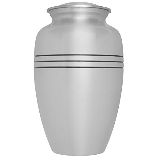 Silver Funeral Urn by Liliane Memorials - Cremation Urn for Human Ashes -Hand Made in Brass -Suitable for Cemetery Burial or Niche- Large Size fits remains of Adults up to 200 lbs- Monaco Silver Model