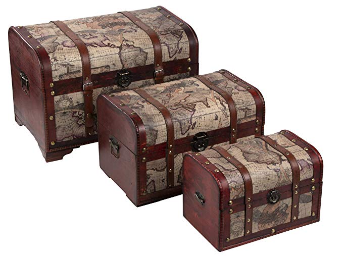 Juvale Wooden Chest Trunk, 3-Piece Storage Trunk and Chests | Map Pattern - Antique Victorian Style - Pirate Treasure Chest in 3 Different Sizes