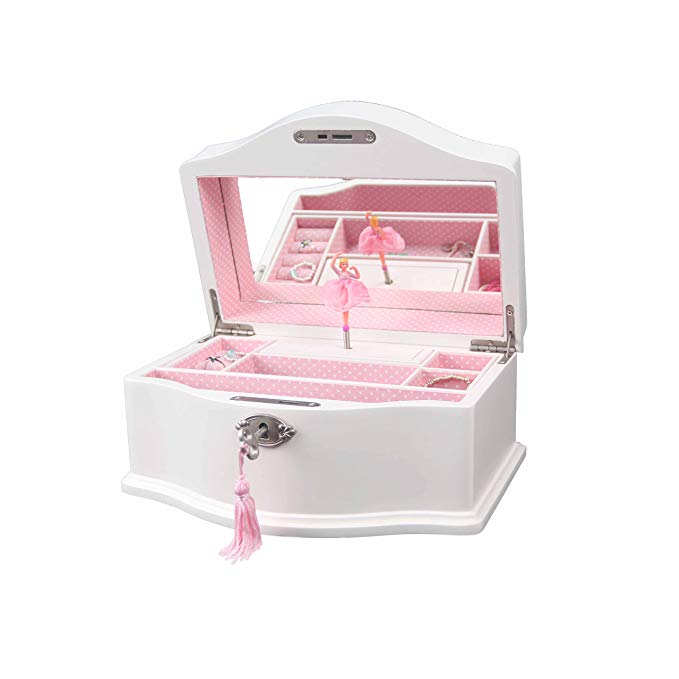 Art Lins Elle Ballerina Music Jewelry Box with Lock, Large, Wooden Case, Matt White