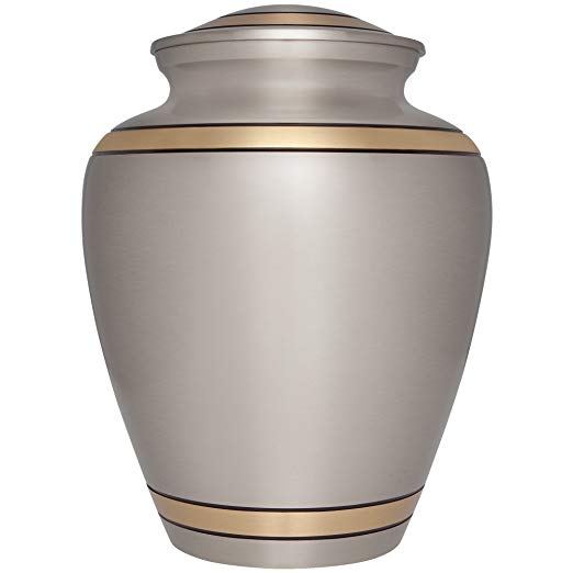 Silver Funeral Cremation Urn for Human Ashes by Liliane Memorials - Hand Made in Brass- Suitable for Cemetery Burial or Niche- Large Size fits remains of Adults up to 200 lbs - Peaceful Embrace Silver