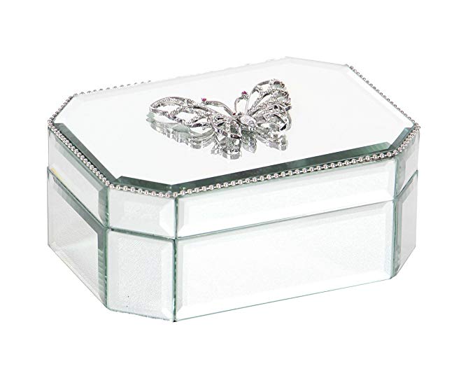 Deco 79 35775 Octagonal Wood and Glass Butterfly Box, Silver/Reflective