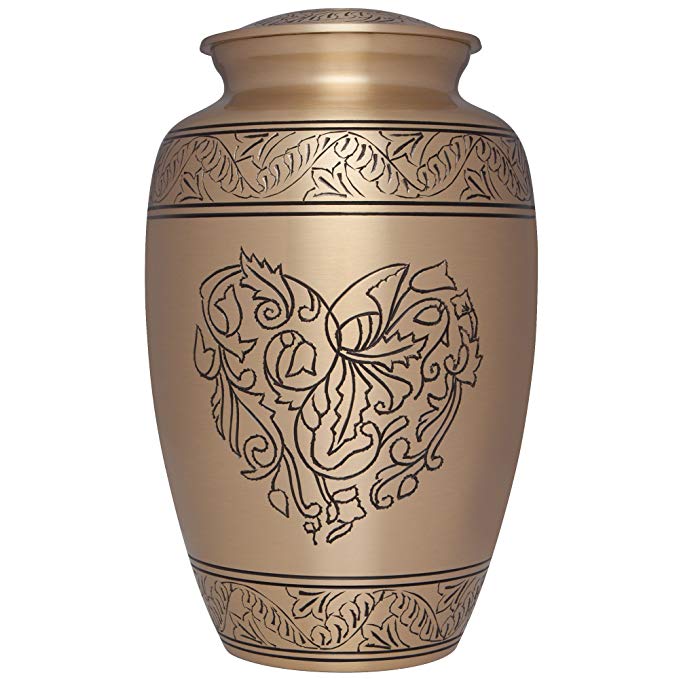 Liliane Memorials Gold Funeral Cremation Urn with Engraved Heart Made of Flowers; Corose Model in Brass for Human Ashes; Suitable for Cemetery Burial; Large Size Fits Remains of Adults up to 200 lbs