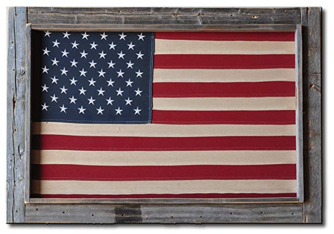 Barn Wood Rustic Framed Cotton Tea Stained American Flag