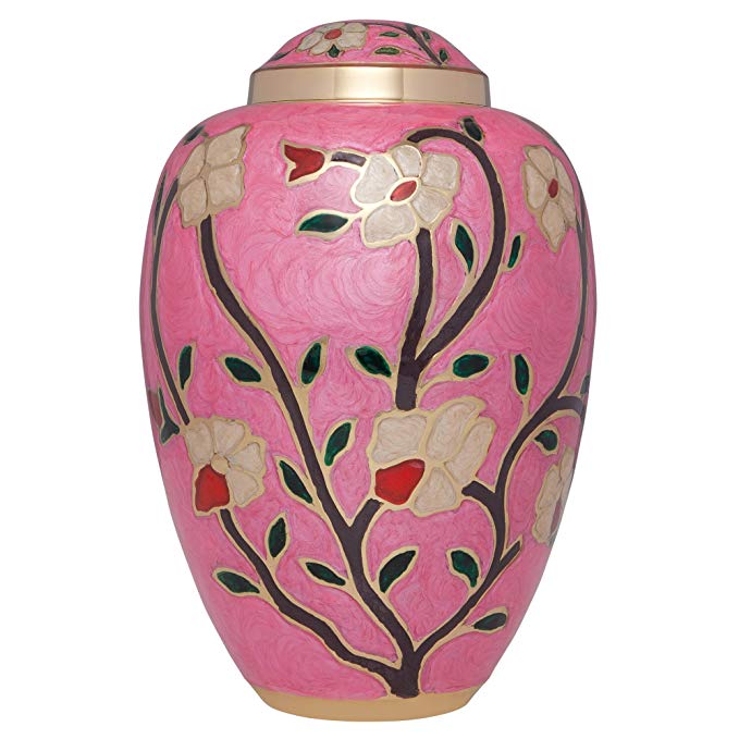 Liliane Memorials Rose Funeral Cremation Urn with enameled Flowers Pink Fleur Model in Brass for Human Ashes Suitable for Cemetery Burial Large Size Fits Remains of Adults up to 200 lbs