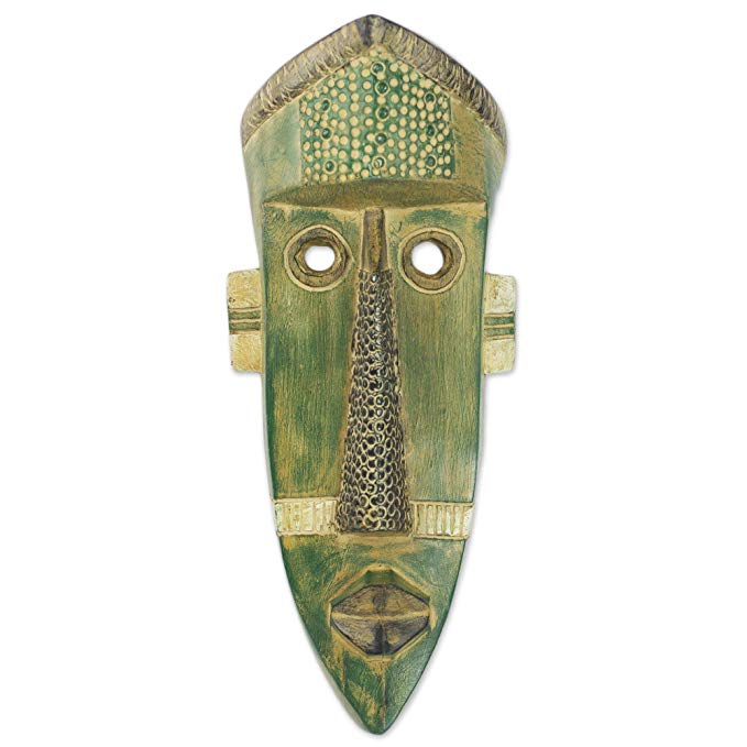 NOVICA Hand Carved Wood Bright Green Ghanaian Wall Mask, Green Giant'