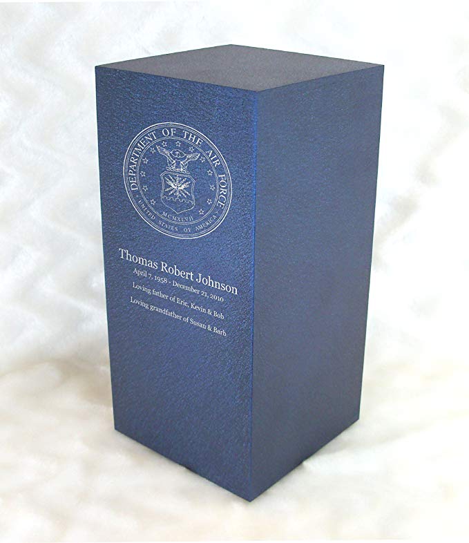 PERSONALIZED Engraved Air Force Cremation Urn for Human Ashes - Made in America - Handcrafted in the USA by Amaranthine Urns, Adult Funeral Urn - Eaton DL (up to 200 lbs living weight)(Deep Sea Blue)