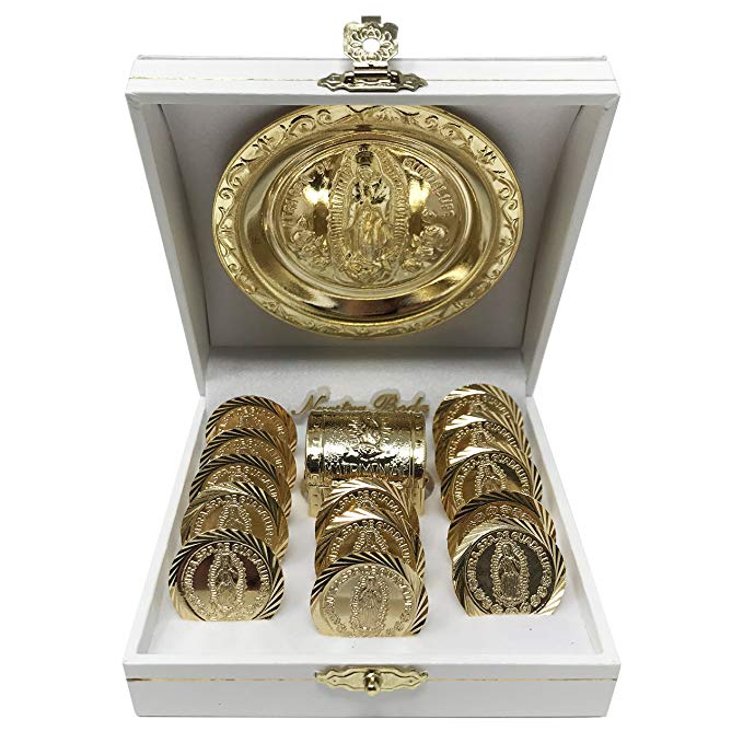 Wedding Arras (13 pcs) with a Miniature Chest Box, an Our Lady of Guadalupe Medallion and a White Case. Golden - Plated Wedding Unity Coins. Arras de Boda.