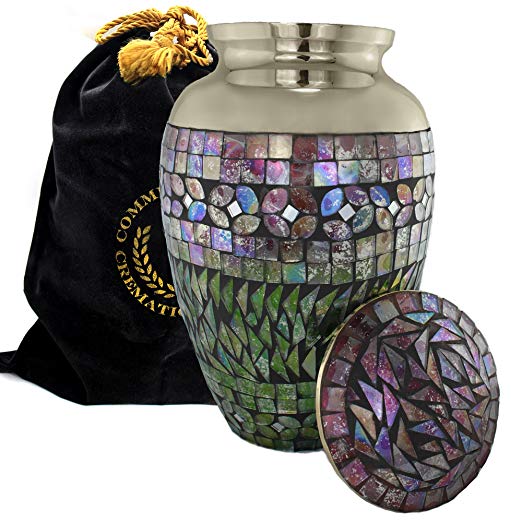 Iridescent Mosaic Cracked Glass - Funeral, Burial, Niche or Columbarium Cremation Urn for Human Ashes - 100% Brass (Large - Silver)