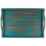 XXL LARGE WOODEN SERVING TRAY DISTRESSED TURQUOISE RUSTIC WOOD OTTOMAN 24