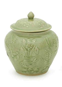 NOVICA Decorative Floral Ceramic Jar, Green, Lotus Pond'