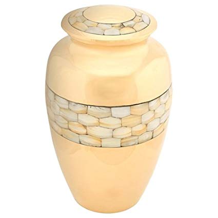 Silverlight Urns Mother of Pearl Urn in Polished Gold, Adult Sized Brass Urn for Ashes, 10.5 Inches Tall Funeral Urn