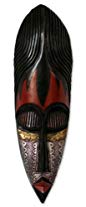 NOVICA Black and Red Hand Carved Nigerian Wood Wall Mask with Aluminum Accents, Fulani Maiden'