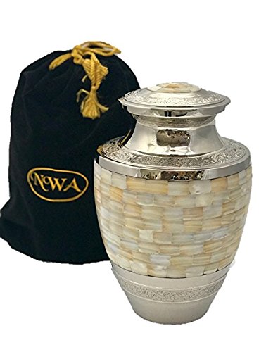 Urns for Human Ashes, Funeral Cremation Urn, Large Size Solid Brass Mother of Pearl Memorial Urn with Velvet Bag