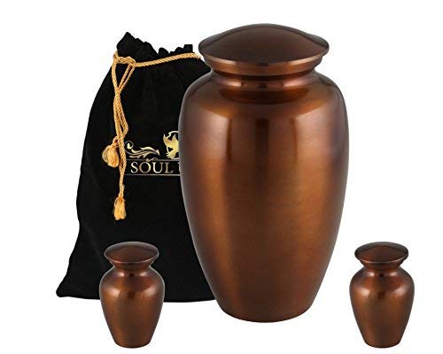 Funeral Urn by SoulUrns - Copper Finish Adult Urn With 2 Keepsake Cremation Urn for Human Ashes With Velvet Bag- Display Burial Urn at Home