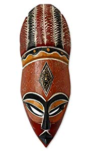 NOVICA Decorative Nigerian Large African Rubber Wood and Aluminum Mask, Red 'God's Gifts'