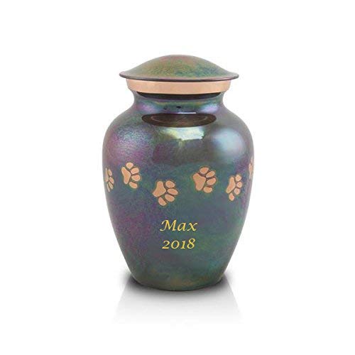 OneWorld Memorials Paw Prints Brass Raku Cremation Urn - Raku Blue - Custom Engraving Included