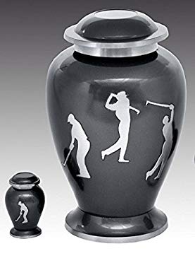 Golf Sports Accent Large Brass Cremation Urn Set, Adult Human Funeral Urn - Handcrafted and Engraved Large Urn Deal includes one Keepsake.