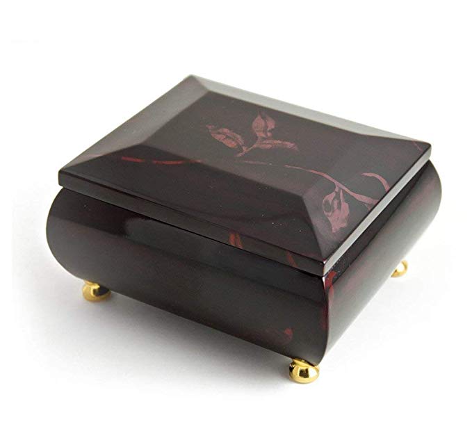 Music Box with Small Jewelry Case for Rings, Earrings - 18 Note Music Box with 454 Song Choices, Floral Burgundy Jewelry Box with Compartment, Ring Rolls, for Women and Girls