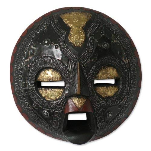 NOVICA Ghanaian Sese Wood Wall Mask with Brass and Aluminum Accents, Sign of Protection'