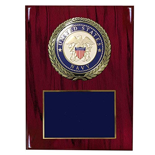 Customizable 9 x 12 Inch Cherry Piano Finish Plaque with U.S. Navy Medallion, includes Personalization