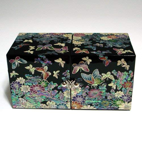 Mother of Pearl Black Butterfly and Flower Design Wooden Twin Cubic Jewelry Trinket Keepsake Treasure Lacquer Box Case Chest Organizer