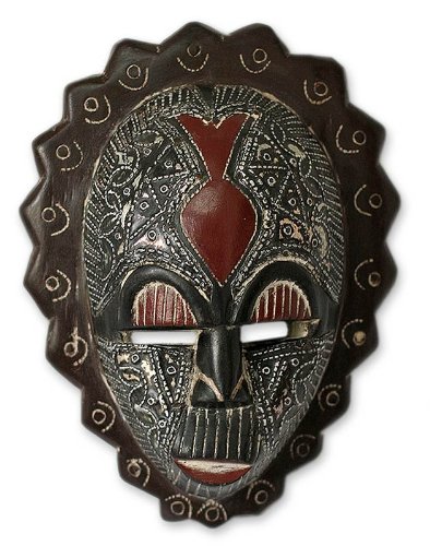 NOVICA Brown and Red Ghanaian Sese Wood Wall Mask, Happiness'