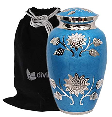 Embossed Sunflower Blue Cremation Urn - Solid Brass Florentine Blue Urn - Handcrafted Adult Funeral Urn for Human Ashes - Affordable Large Urn