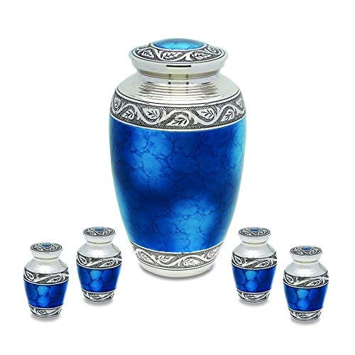 Mediterranean Mystic Blue Brass Metal Cremation Adult Urn and Keepsake Set of 4 For Human Ashes