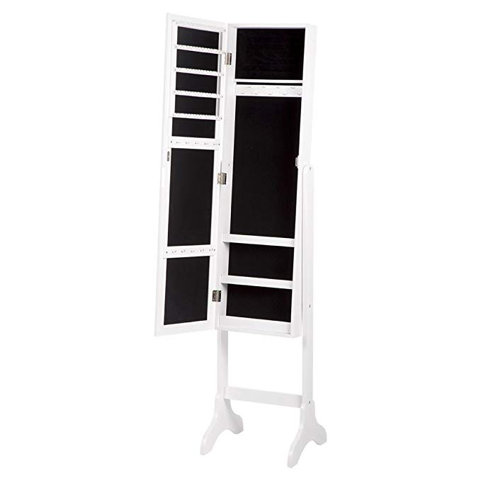 FDW Lockable Mirrored Jewelry Cabinet Armoire Mirror Organizer Storage w Stand