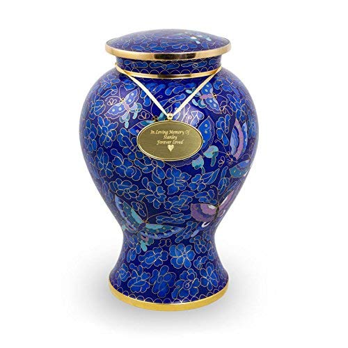 OneWorld Memorials Butterfly Bronze Cremation Urn - Large - Holds Up to 200 Cubic Inches of Ashes - Cloisonne Blue Butterfly Metal Urns for Ashes - Engraving Sold Separately