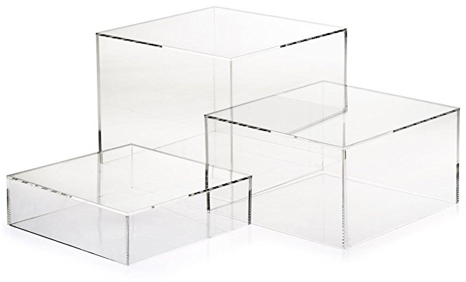 Set of 3- Acrylic Cube Display Nesting Risers, Hollow Bottoms (White, Transparent