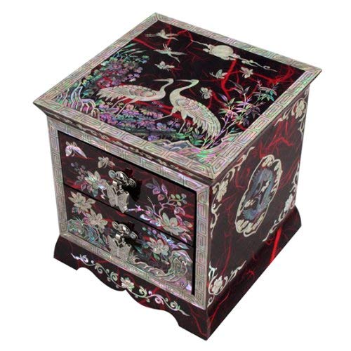 Mother of Pearl Asian Lacquer Women Wooden Jewelry Trinket Keepsake Treasure Gift Girls Jewel Ring Drawer Box Chest Case Organizer with Flower and Crane Design in Red Korean Mulberry Paper