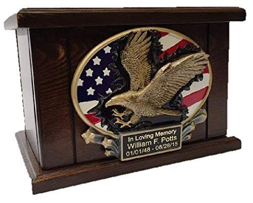 American Flag and Eagle Memorial Funeral Cremation Urn, Adult Wooden Urn- W/personalization